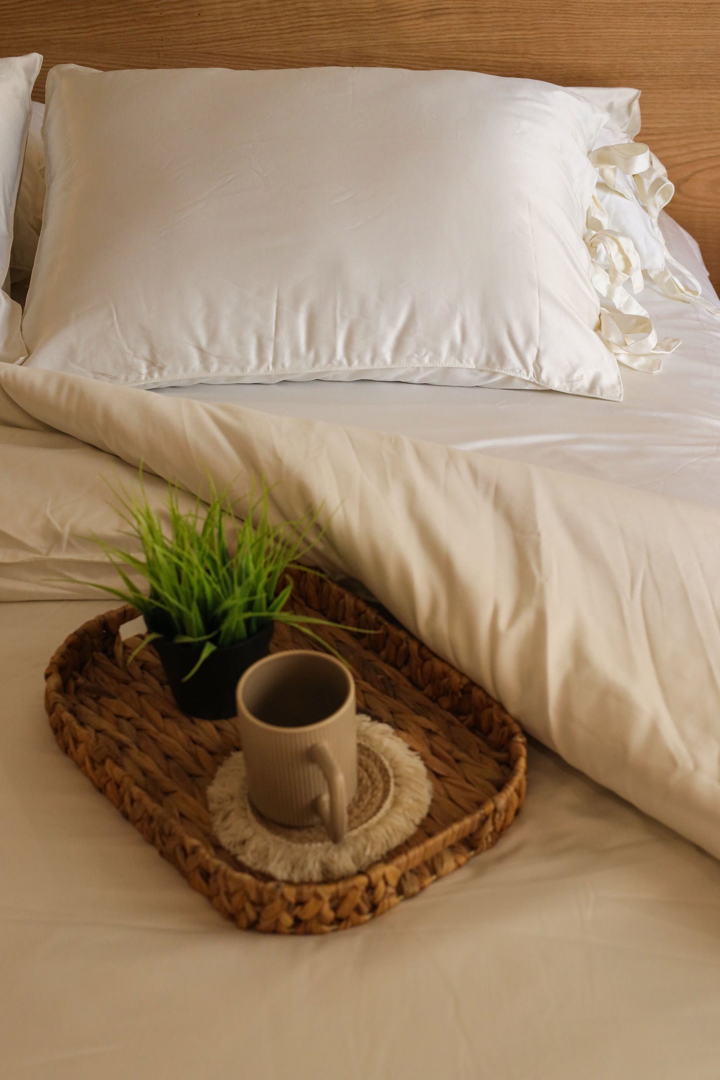 RIBBONELLE CREAM silky cotton duvet cover