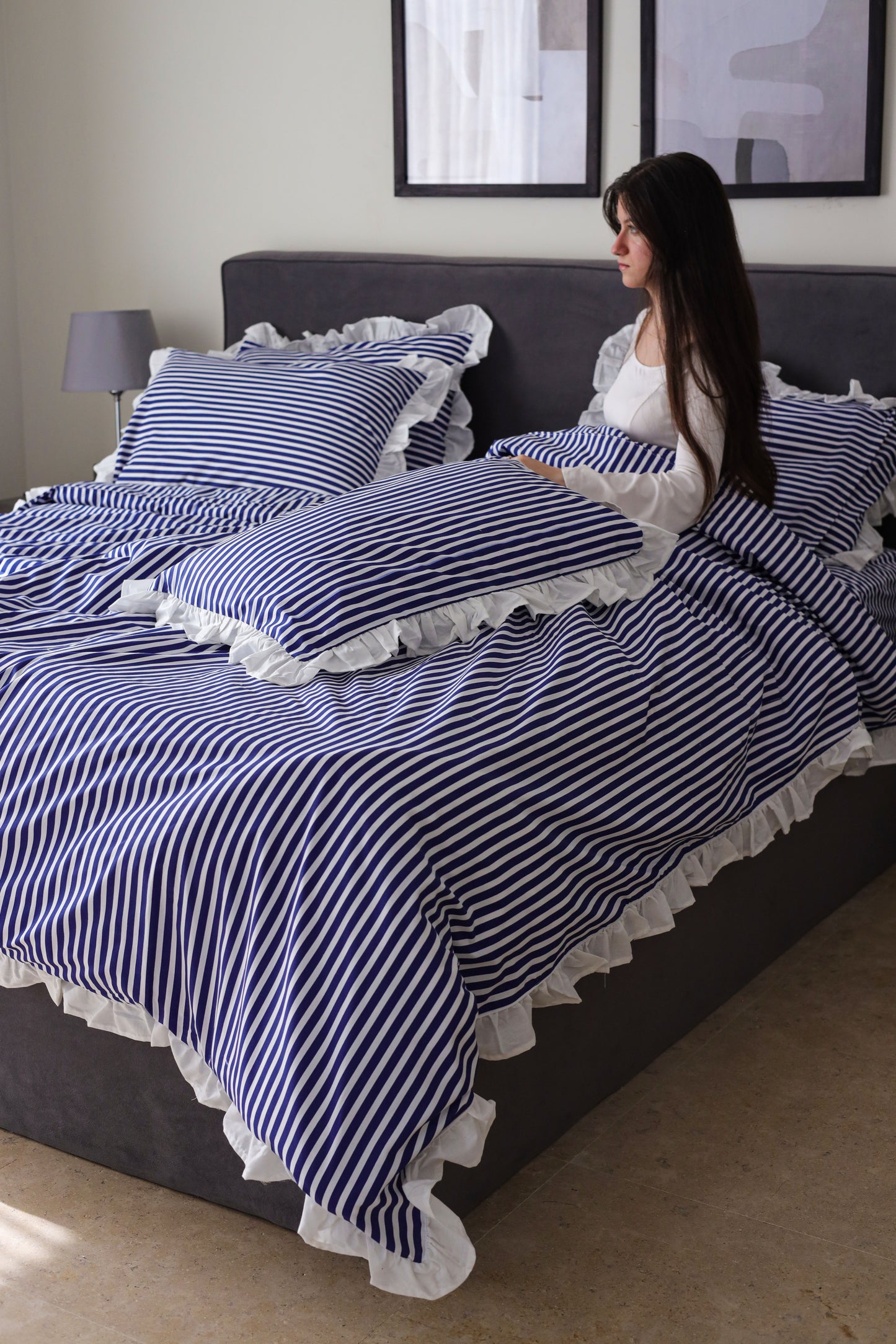 NAVY RUFFLES cotton duvet cover