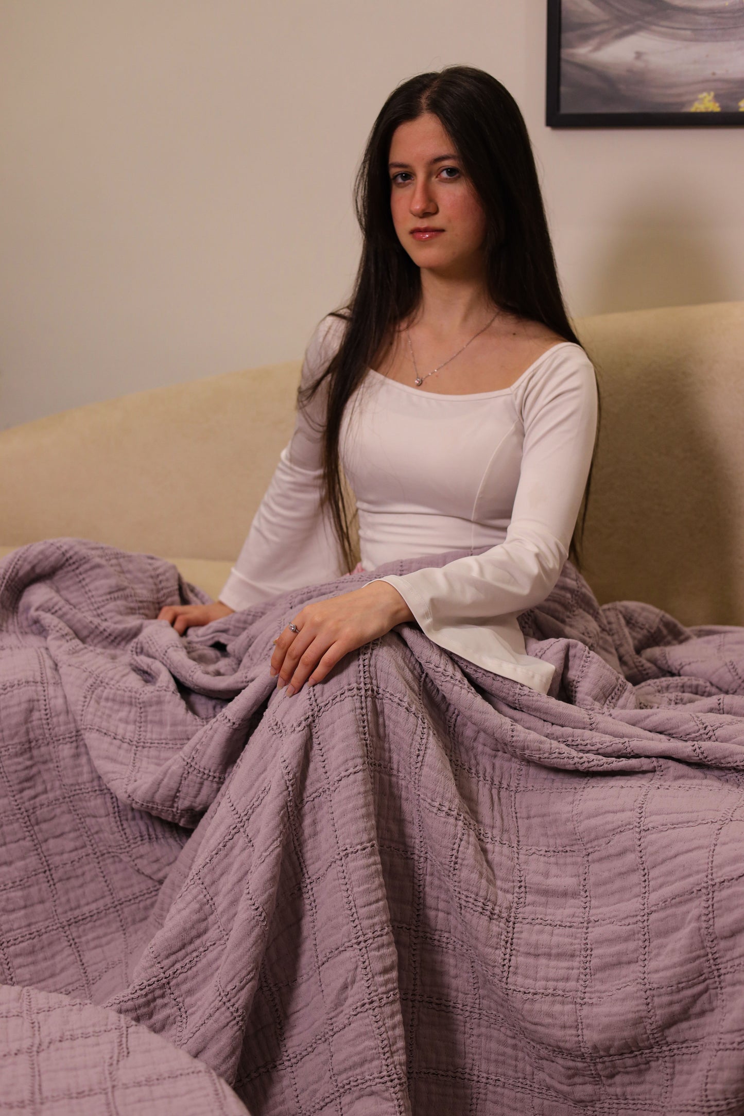 LAVENDER SQUARES Cotton Throw Blanket
