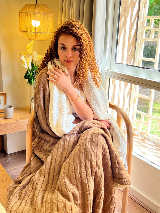 TOFFEE WOOL Knitted Cotton Throw Blanket
